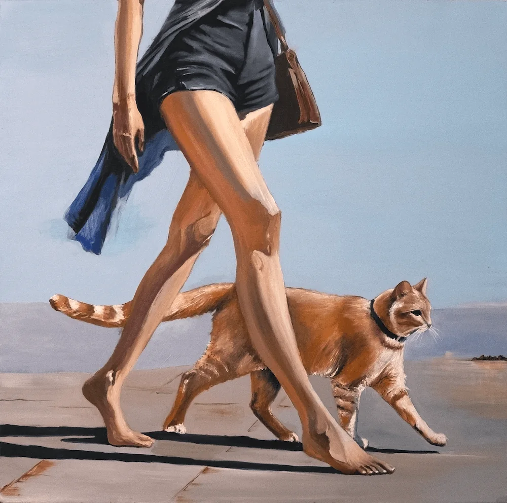 Gato paseando a su mascota
